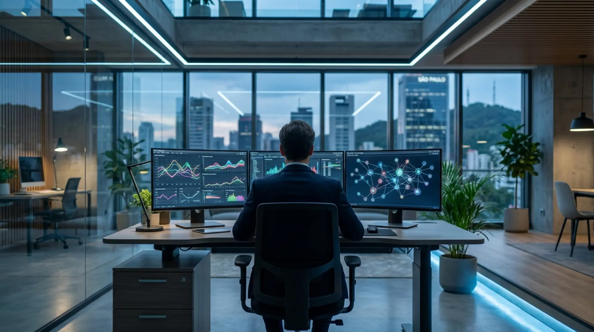 Empresário em um escritório moderno analisando um dashboard para decidir entre o hub de integração Olist ou Bling.