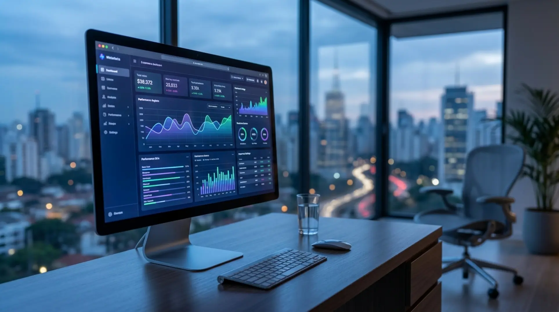 Tela de computador exibindo gráficos de dados para otimizar anúncios do Mercado Livre em escritório moderno.