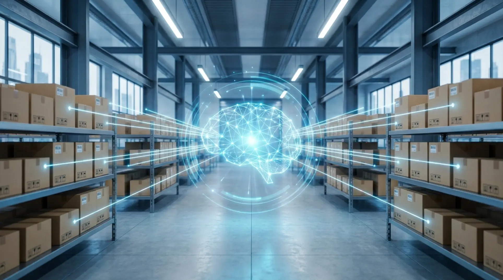 Armazém de e-commerce com hub digital simbolizando a automação dos Planos Olist ERP.