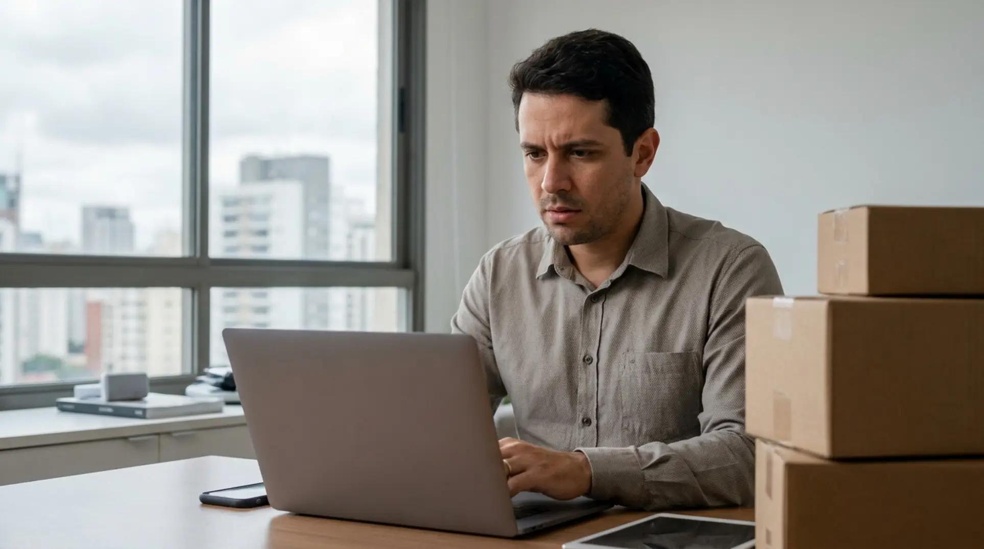 Vendedor preocupado em home office moderno analisa os riscos de vender no mercado livre com cpf.