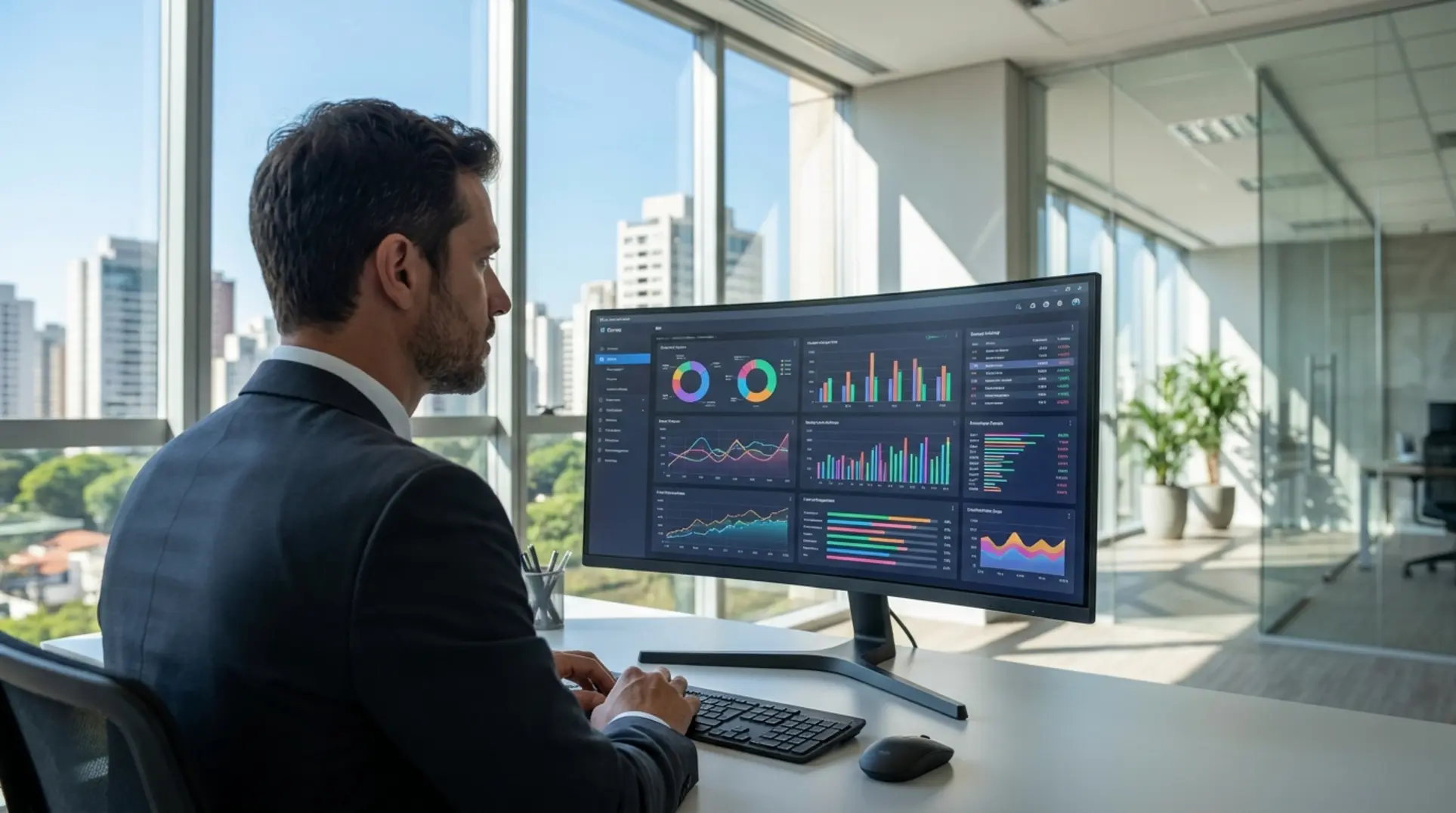 Gestor de PME em escritório moderno no Brasil analisando dados em um dashboard de sistemas ERP.