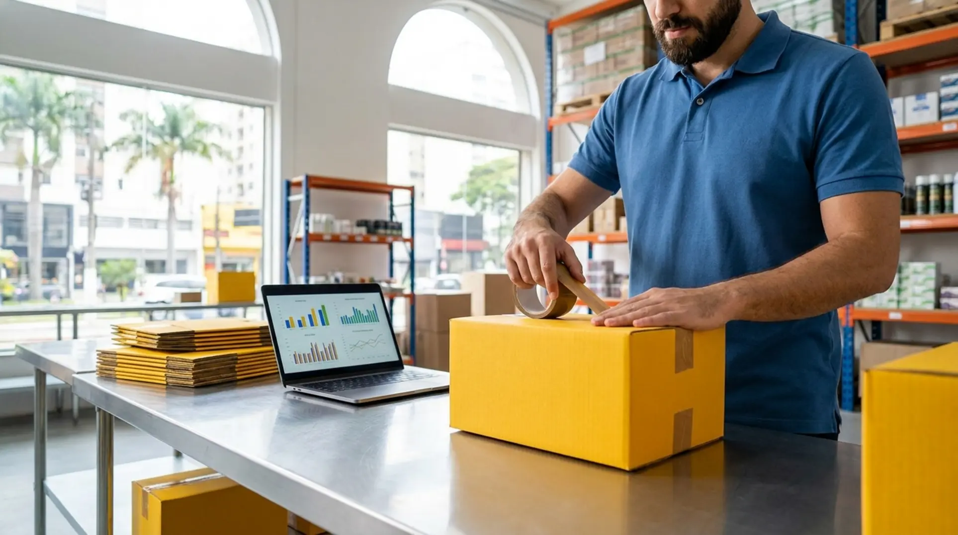 Empresário em um centro logístico moderno e organizado vendo as vantagens de vender com CNPJ no Mercado Livre.