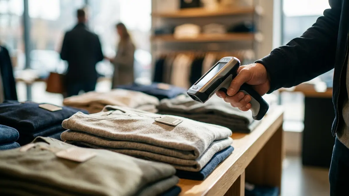 Etiquetas RFID sendo escaneadas em um ambiente de estoque ou loja, mostrando a tecnologia em ação.