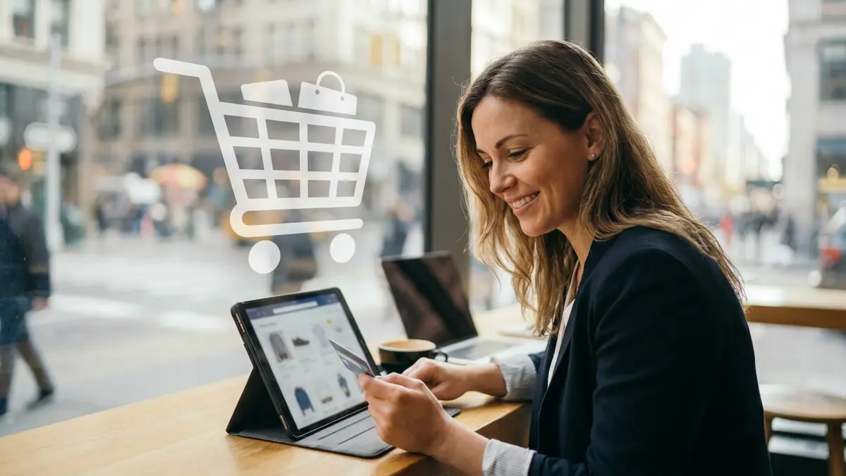 Mulher concentrada usando tablet para comprar online, segurando cartão de crédito, com ícones de e-commerce ao redor.