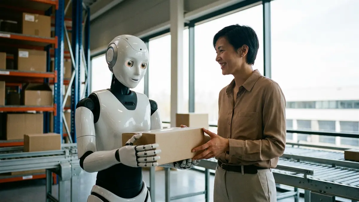 Robô de atendimento ao cliente com tela de chat e uma pessoa sorrindo ao fundo, em cenário de e-commerce.