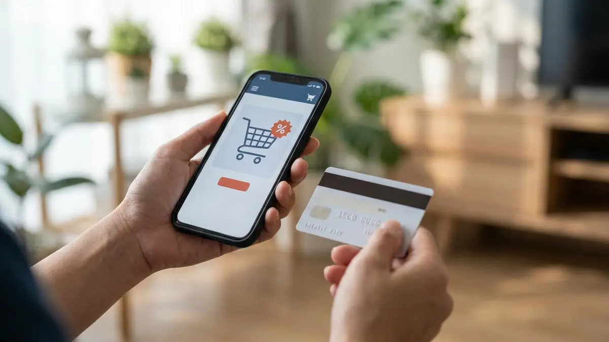 Mãos segurando smartphone com app de compras e cartão de crédito, com sapatos na tela.