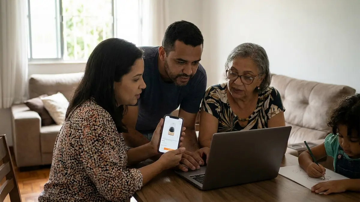 Família brasileira da classe C pesquisando produtos online em um smartphone, com expressão de atenção e análise.