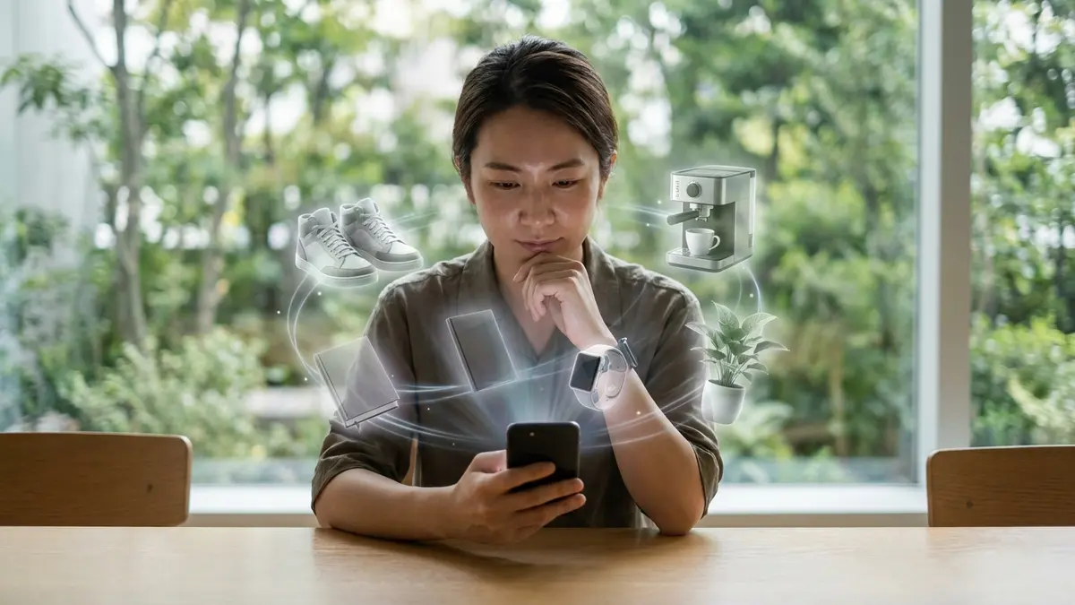 Pessoa usando IA no celular para buscar produtos, com itens de e-commerce ao fundo.
