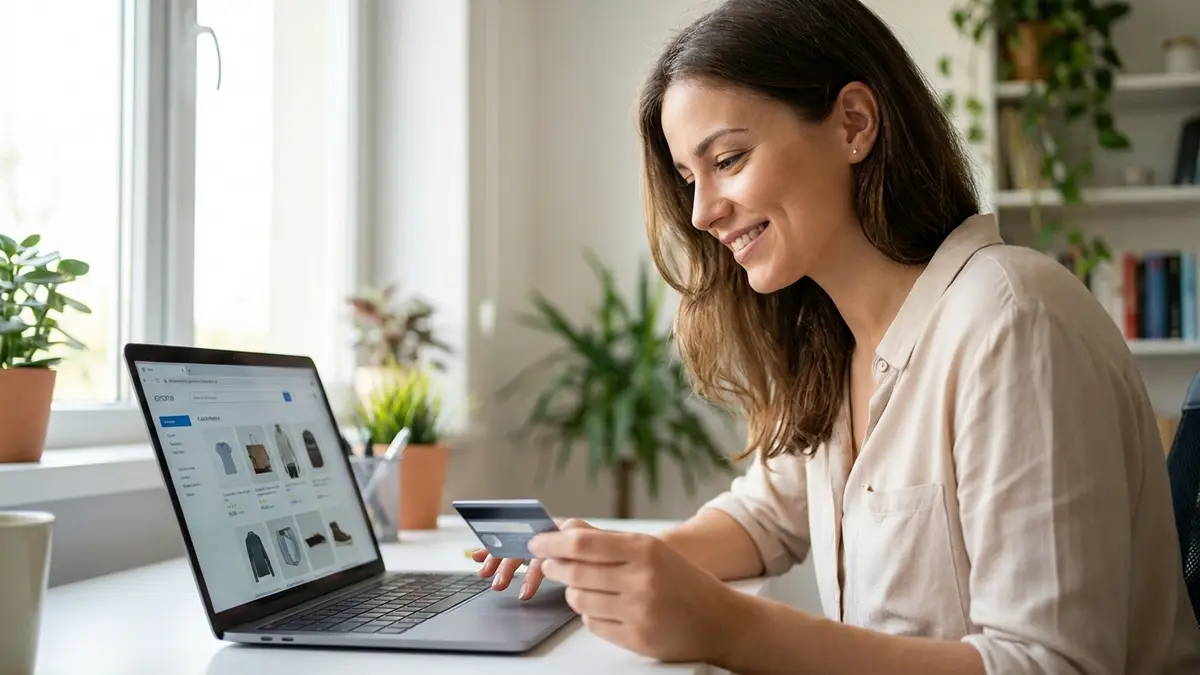 Mulher sorrindo usando laptop para compras online com cartão de crédito na mão.