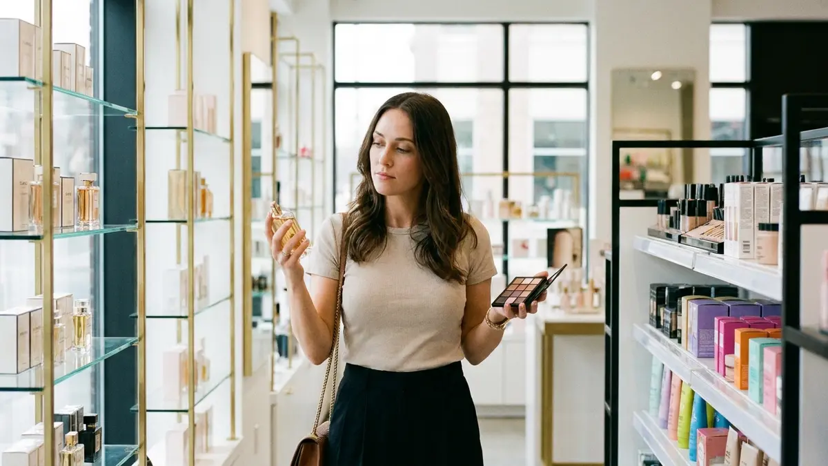 Mulher em uma loja de beleza examinando perfumes e maquiagens, refletindo a decisão de compra entre produtos acessíveis e de luxo.