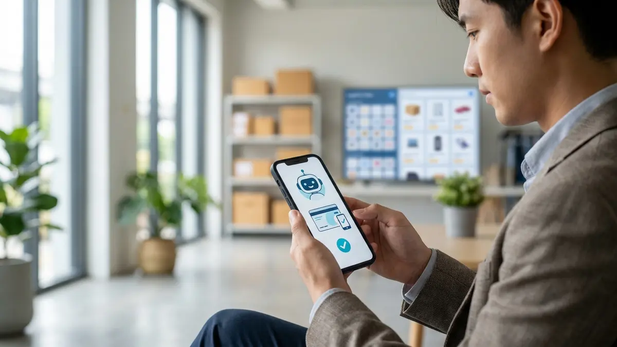 Pessoa interagindo com um assistente de IA em um smartphone, com ícones de compras online.