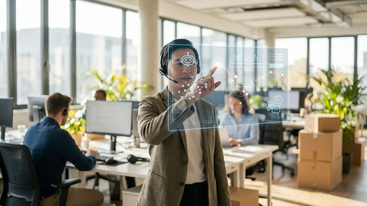 Pessoa interagindo com assistente virtual em tela, simbolizando atendimento ao cliente com IA e tecnologia.