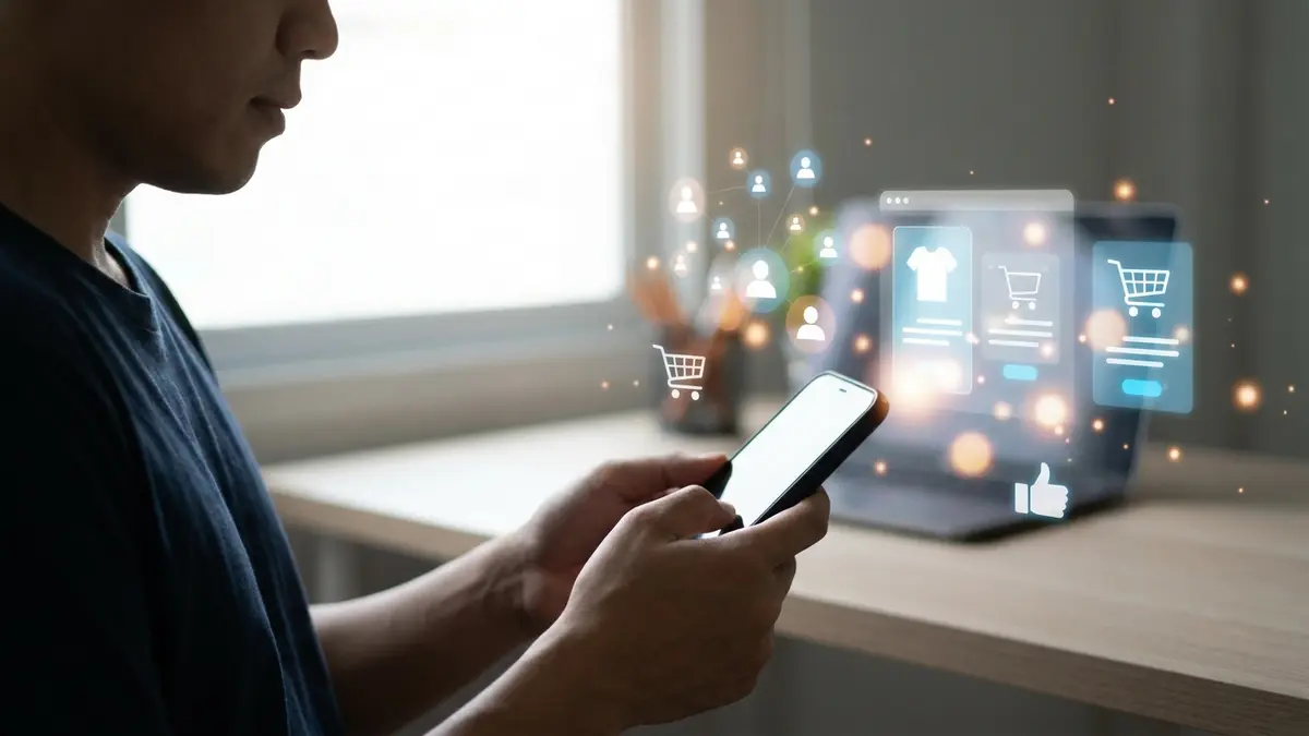 Pessoa navegando em redes sociais no celular, com produtos e ícones de e-commerce flutuando ao redor.