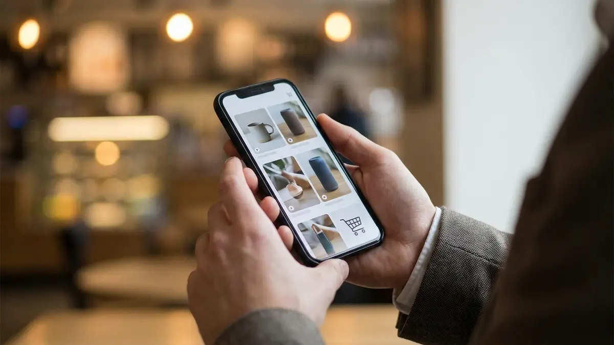 Pessoa usando o aplicativo Kwai em um smartphone, visualizando vídeos de produtos e opções de compra.