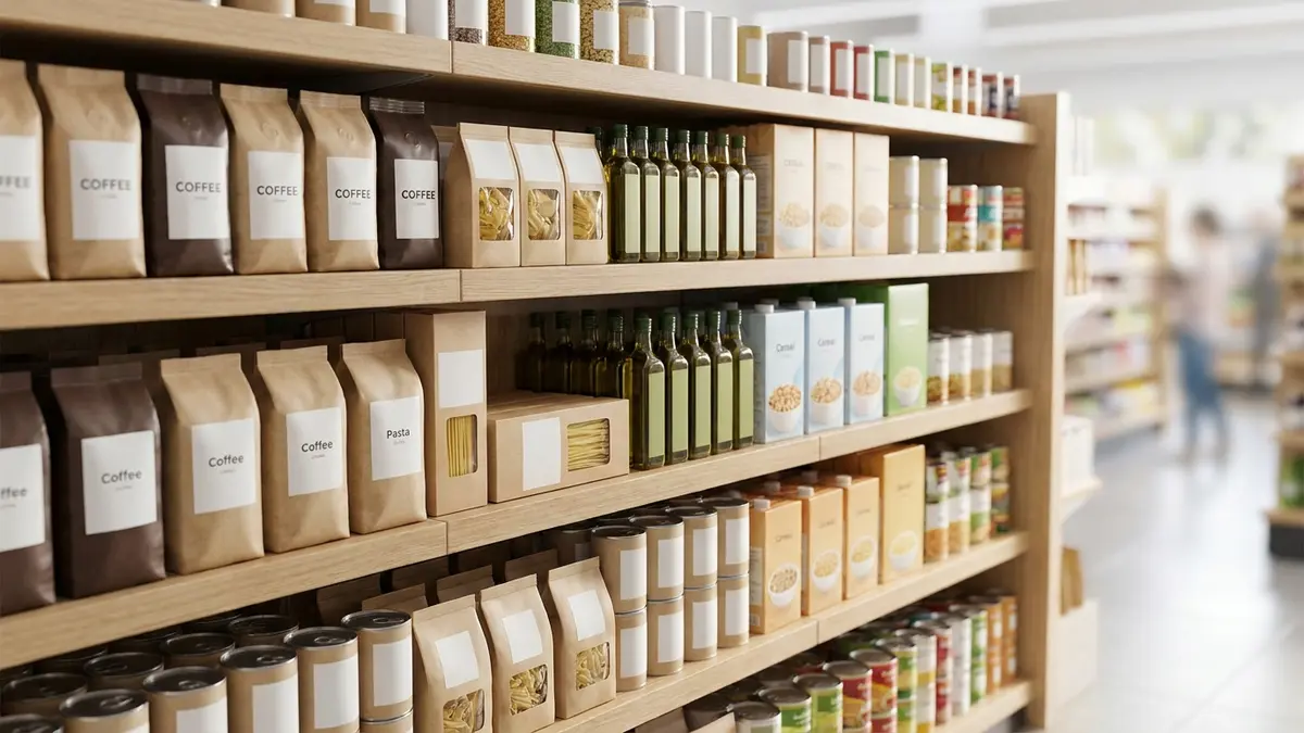 Gôndola de supermercado com produtos de marca própria Qualitá.