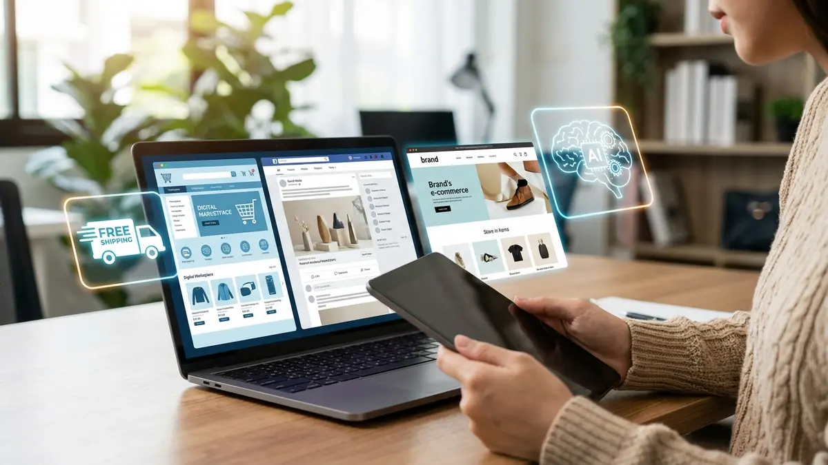 Pessoa usando tablet e celular para compras online, com ícones de marketplace, rede social e loja própria, simbolizando a fragmentação dos canais de venda.