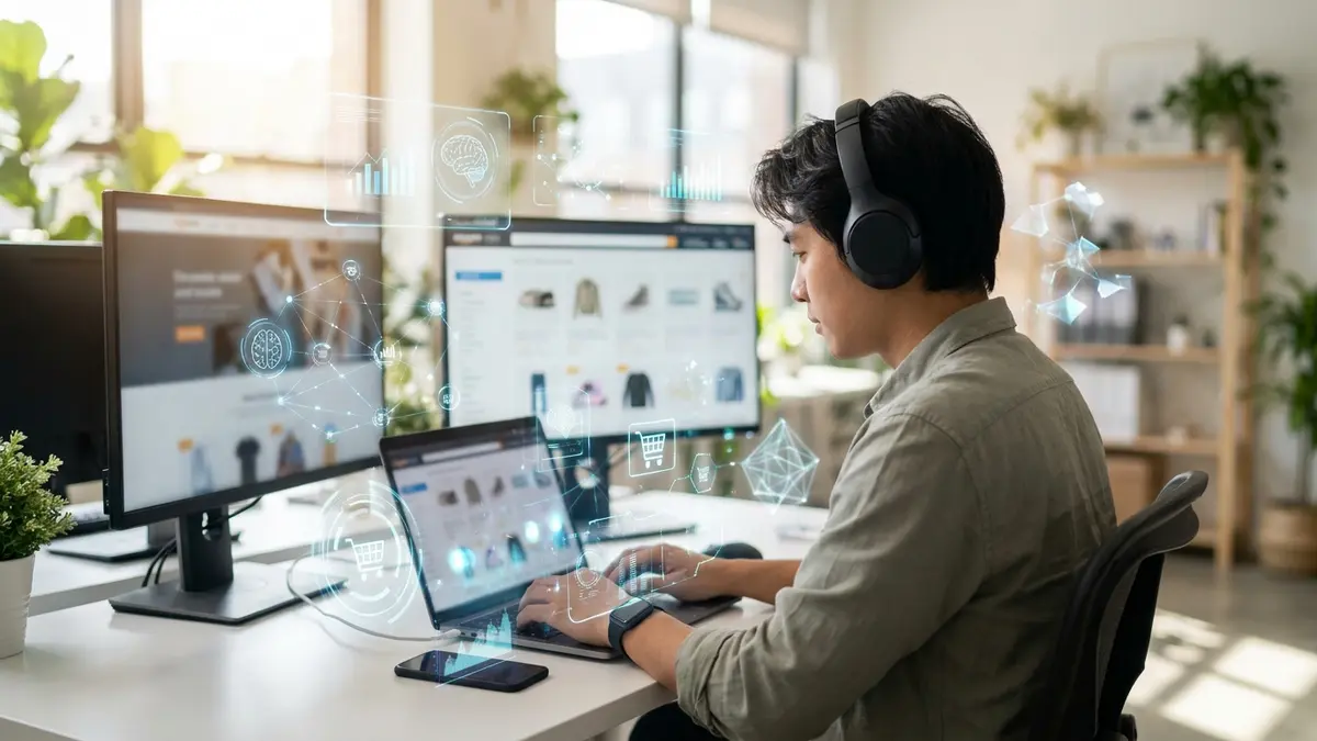 Pessoa interagindo com interface de computador exibindo gráficos e ícones de IA, representando a adoção de tecnologia em negócios.