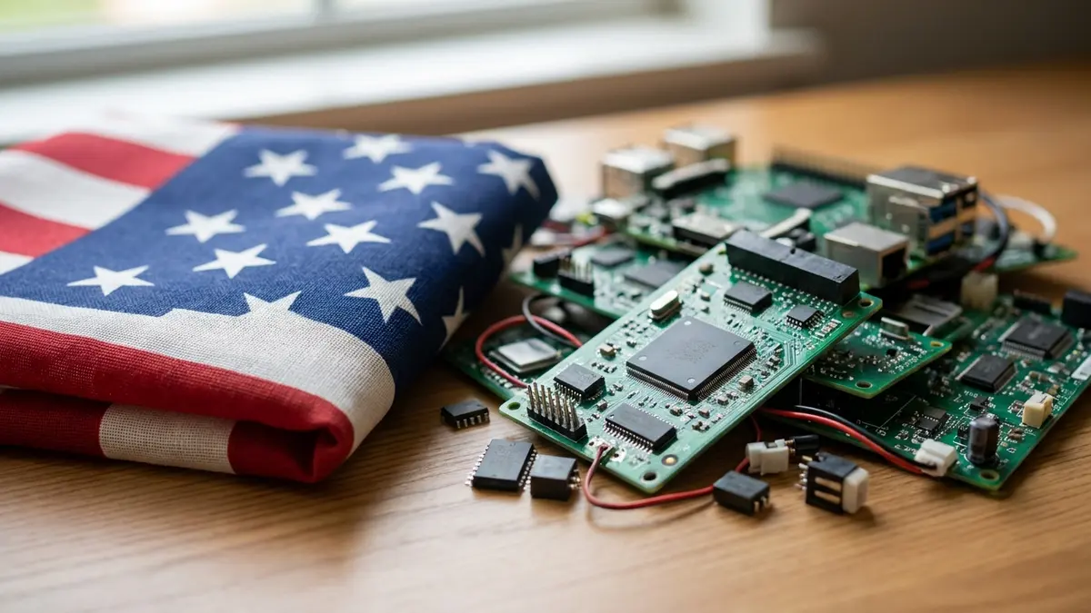 Bandeira dos Estados Unidos sobreposta a chips de computador e componentes eletrônicos.