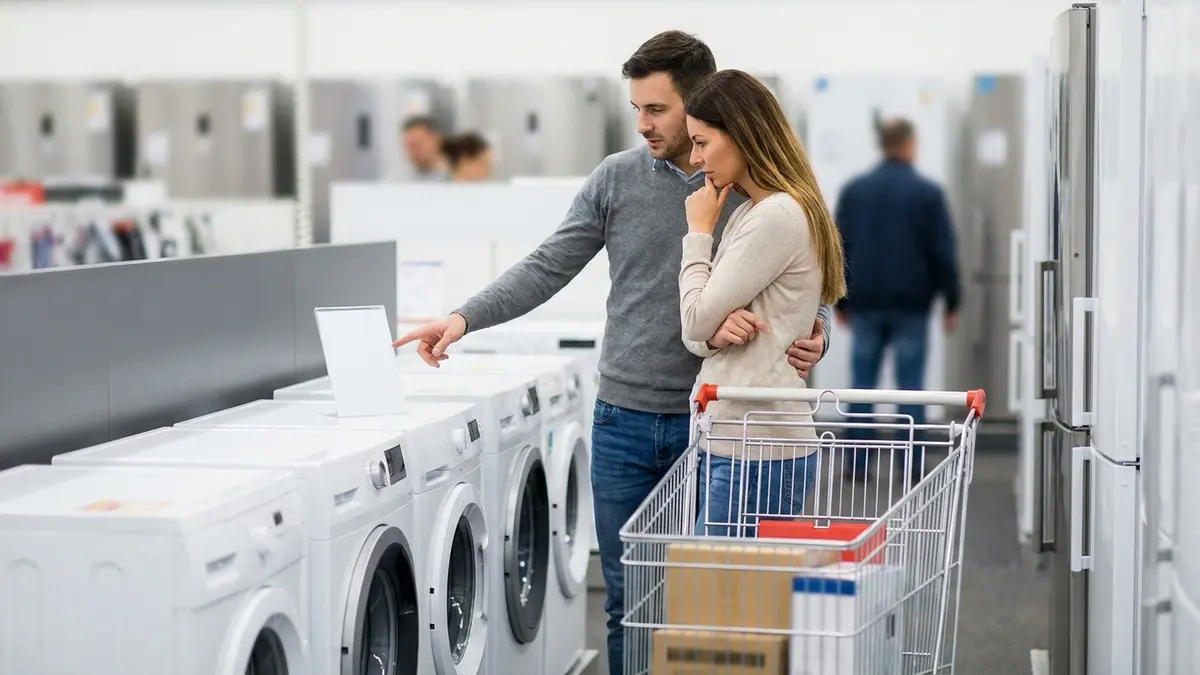 Pessoas em uma loja de eletrodomésticos, com foco em etiquetas de preço e a interação com os produtos.