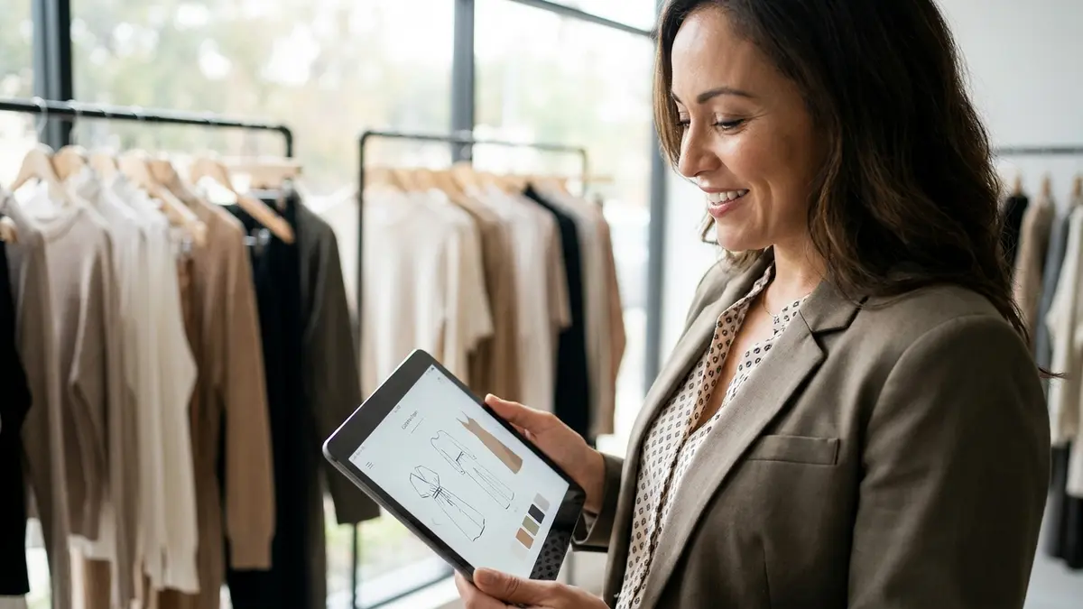 Mulher interagindo com um dispositivo móvel, recebendo sugestões de moda de uma inteligência artificial.